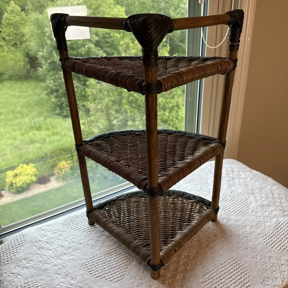 Vintage Wicker Rattan Corner Shelf 3 Tier Display Stand Coastal Boho 19